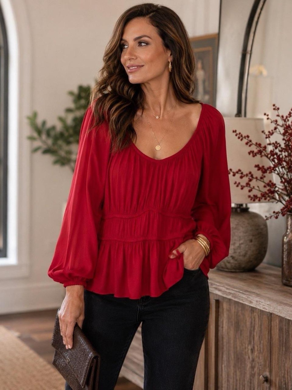 Nine West Red Scoop-Neck Peplum Blouse - Size: small